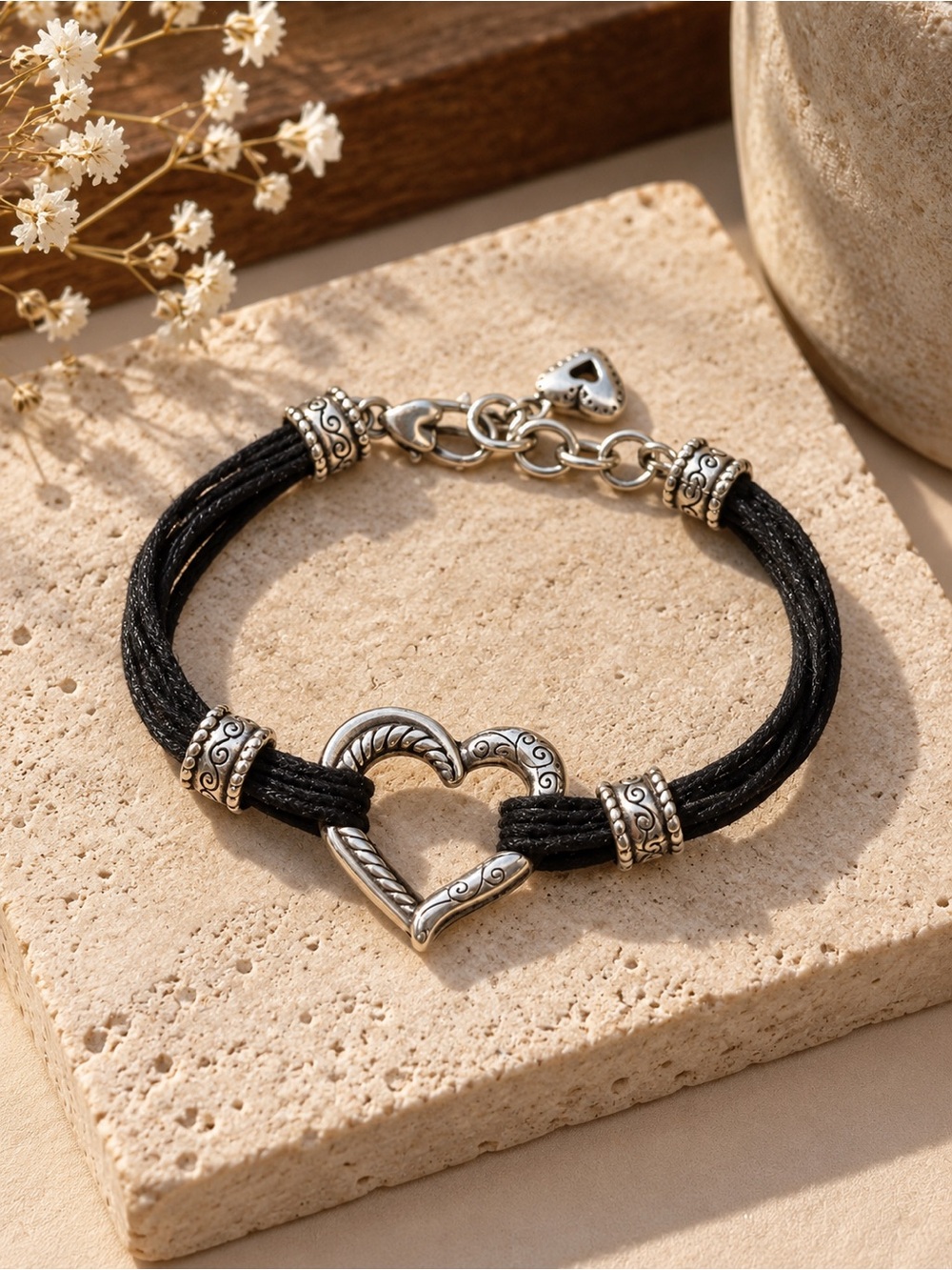 Brighton Heritage Silver tone Heart Accent Black Cord Bracelet